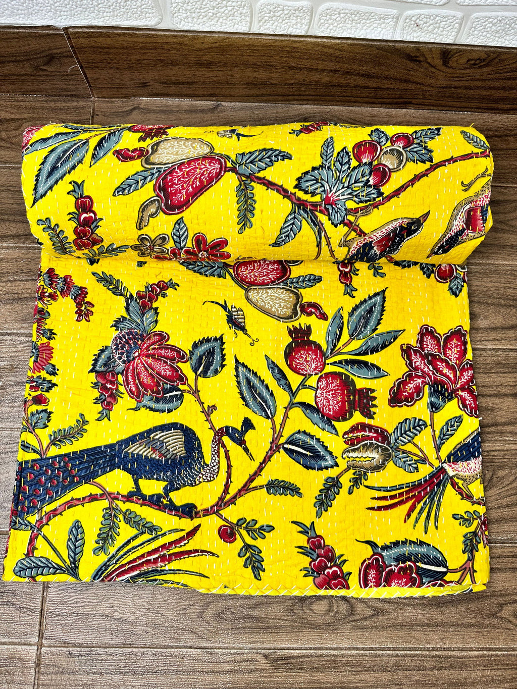 reversible Kantha-stitched block-printed Cotton Throw in yellow floral