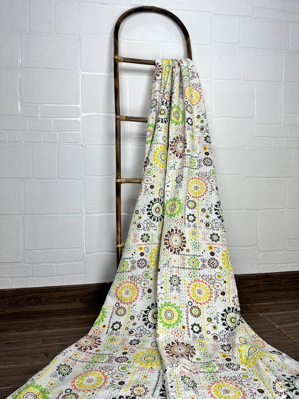 reversible Kantha-stitched block-printed Cotton Throw in white floral