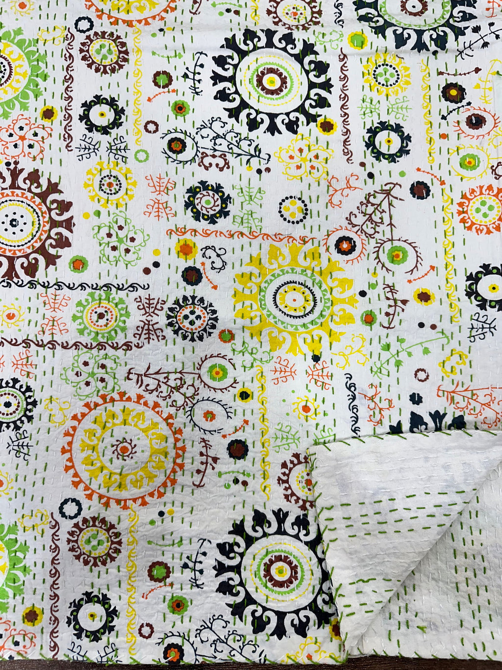 reversible Kantha-stitched block-printed Cotton Throw in white floral