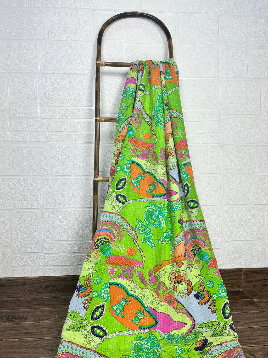 reversible Kantha-stitched block-printed Cotton Throw in green