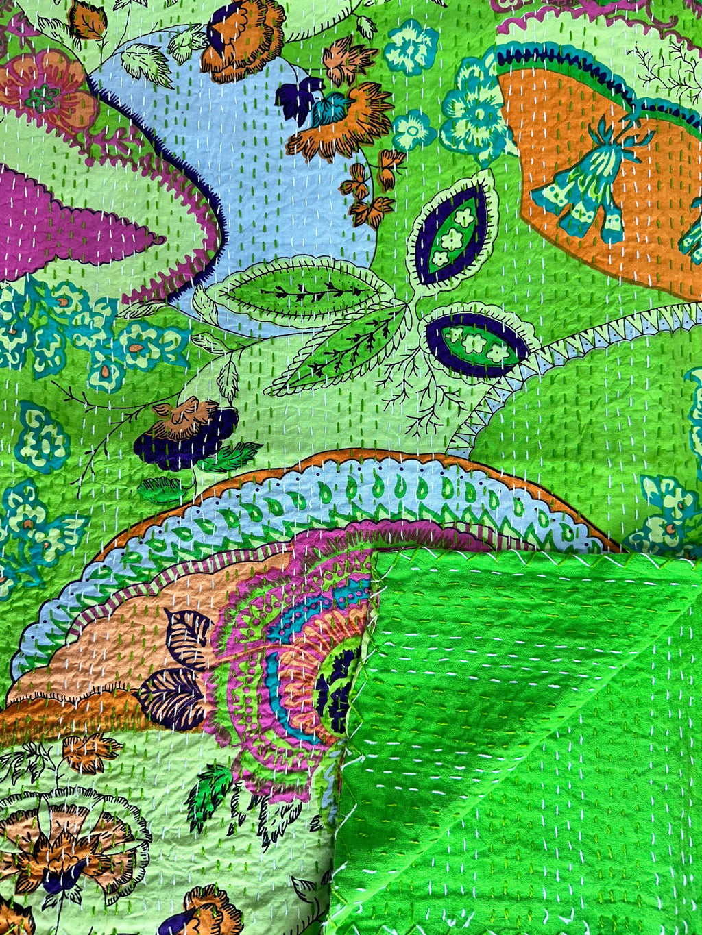 reversible Kantha-stitched block-printed Cotton Throw in green