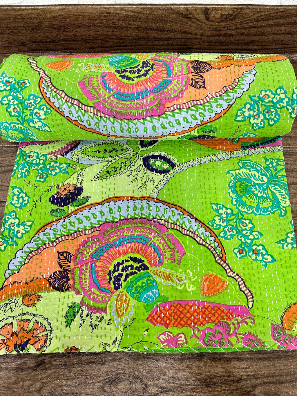 reversible Kantha-stitched block-printed Cotton Throw in green