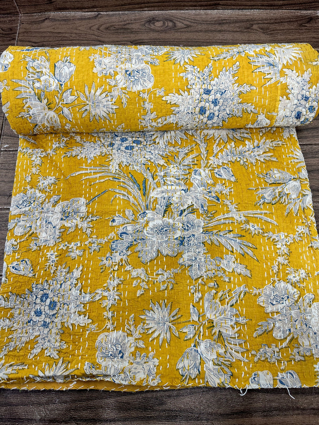 reversible Kantha-stitched block-printed Cotton Throw in yellow gardenia
