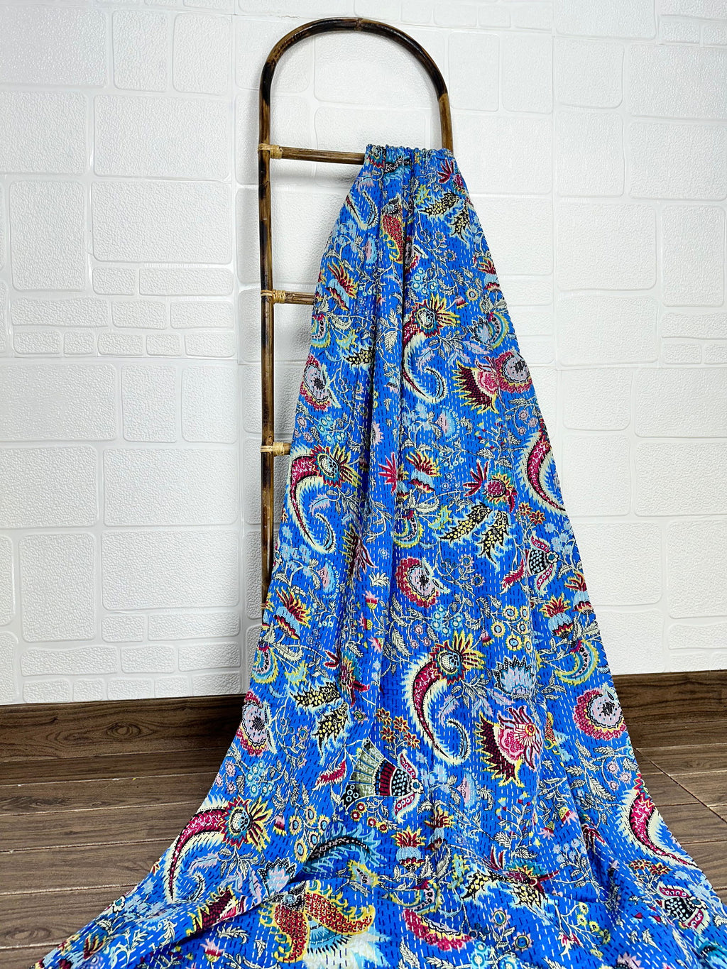 reversible Kantha-stitched block-printed Cotton Throw in blue