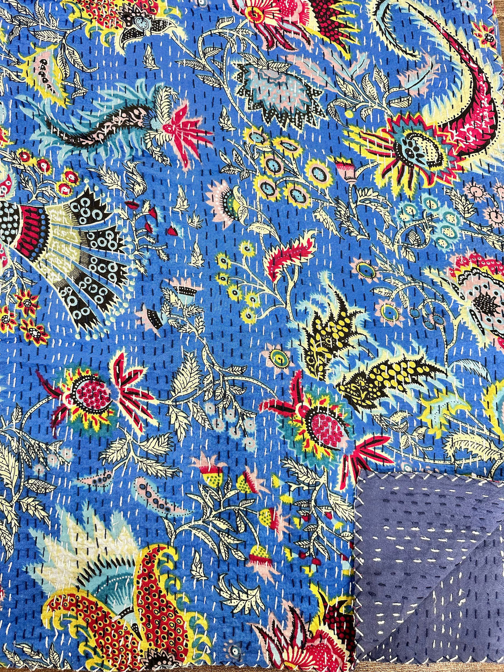 reversible Kantha-stitched block-printed Cotton Throw in blue