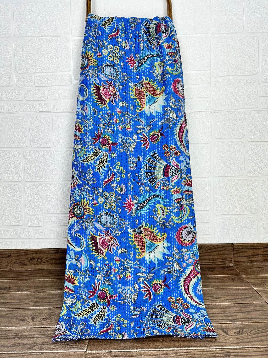 reversible Kantha-stitched block-printed Cotton Throw in blue