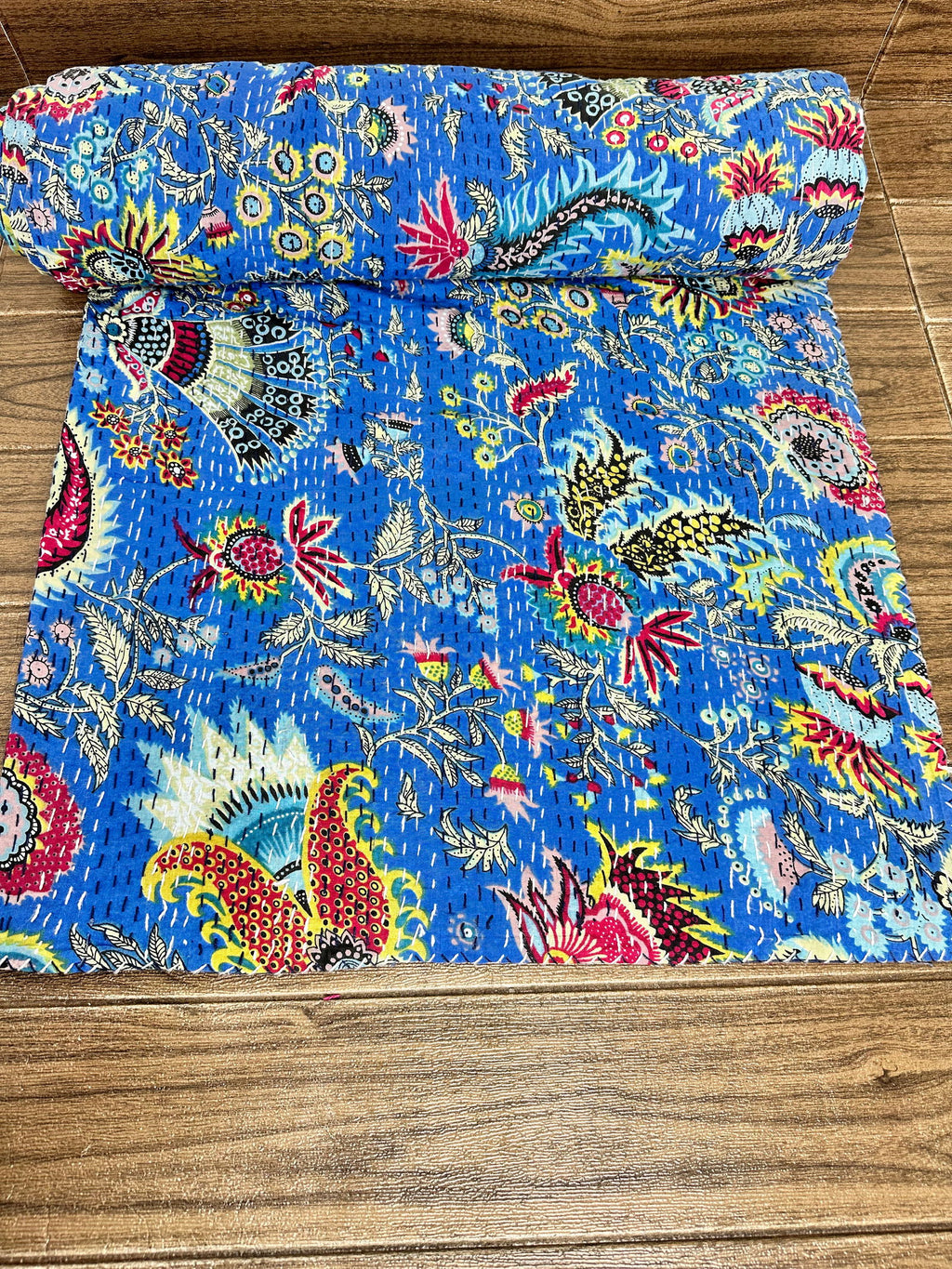 reversible Kantha-stitched block-printed Cotton Throw in blue