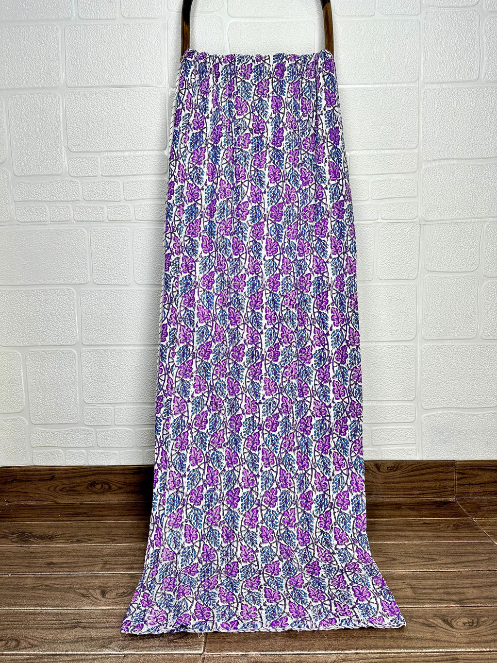 reversible Kantha-stitched block-printed Cotton Throw in white purple leaf