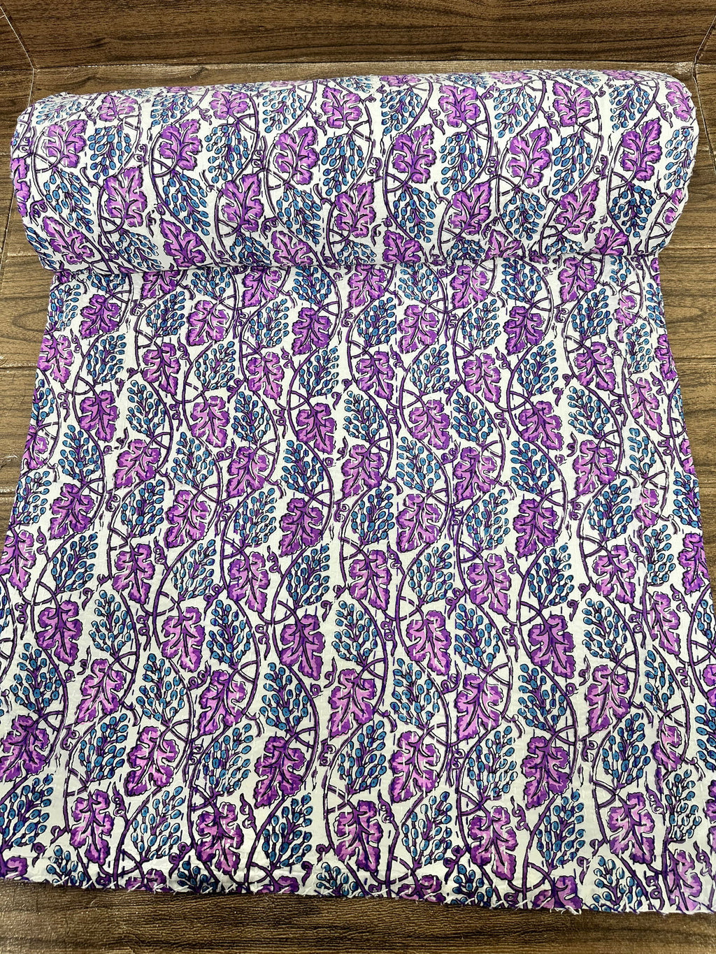 reversible Kantha-stitched block-printed Cotton Throw in white purple leaf
