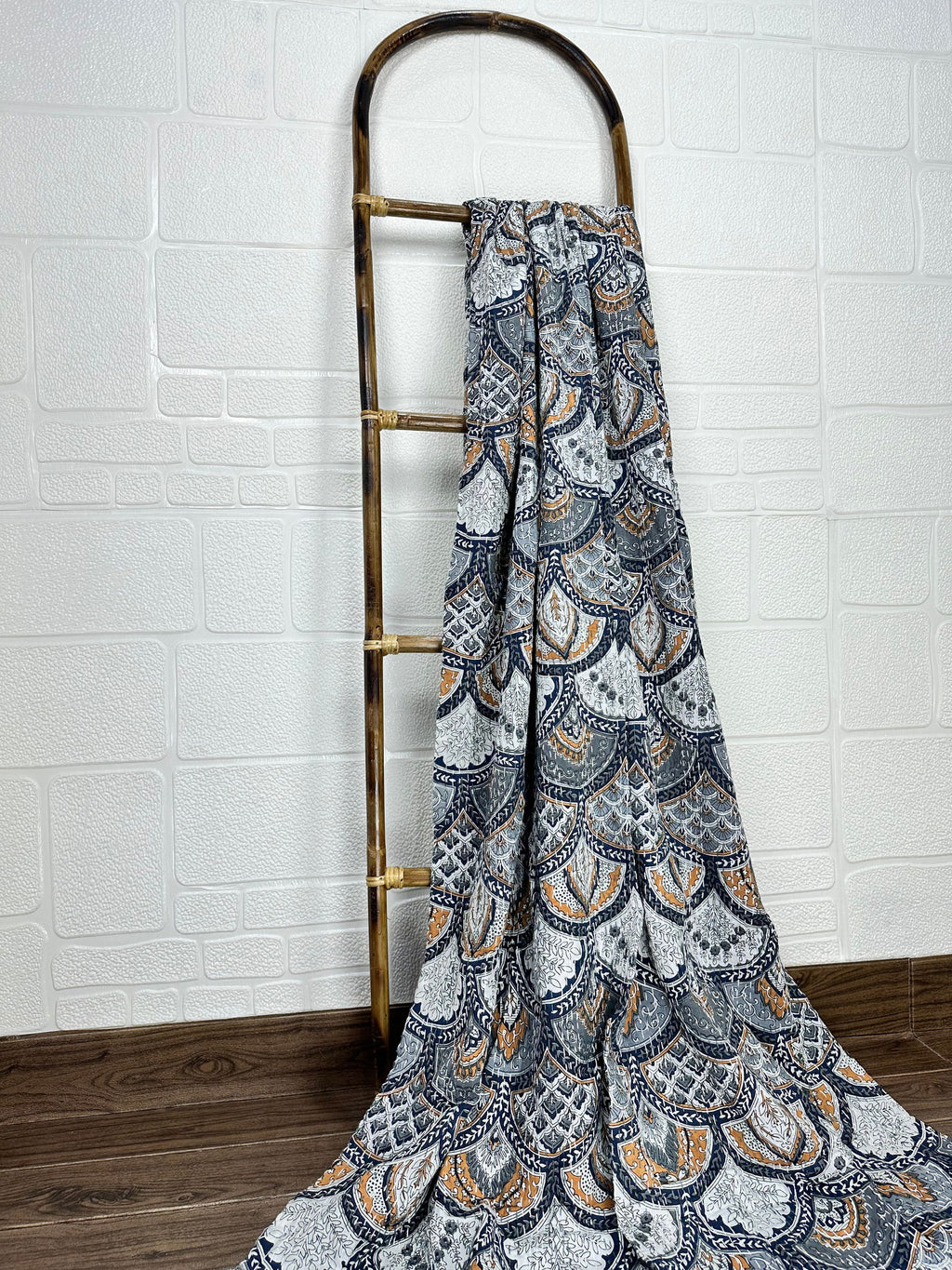 reversible Kantha-stitched block-printed Cotton Throw in grey mandala