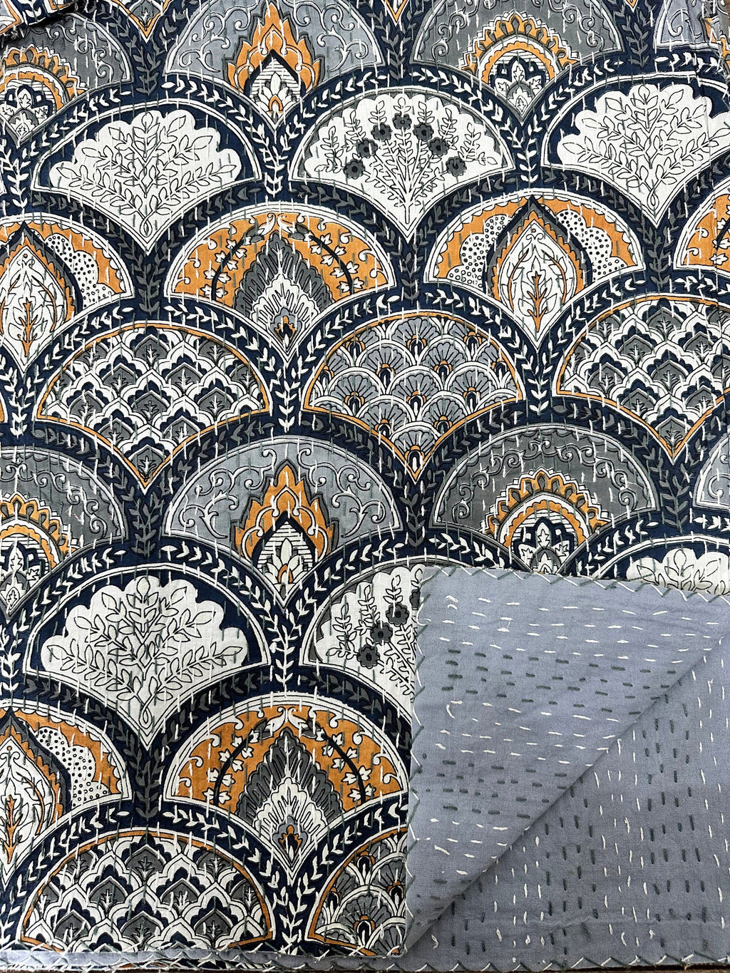 reversible Kantha-stitched block-printed Cotton Throw in grey mandala