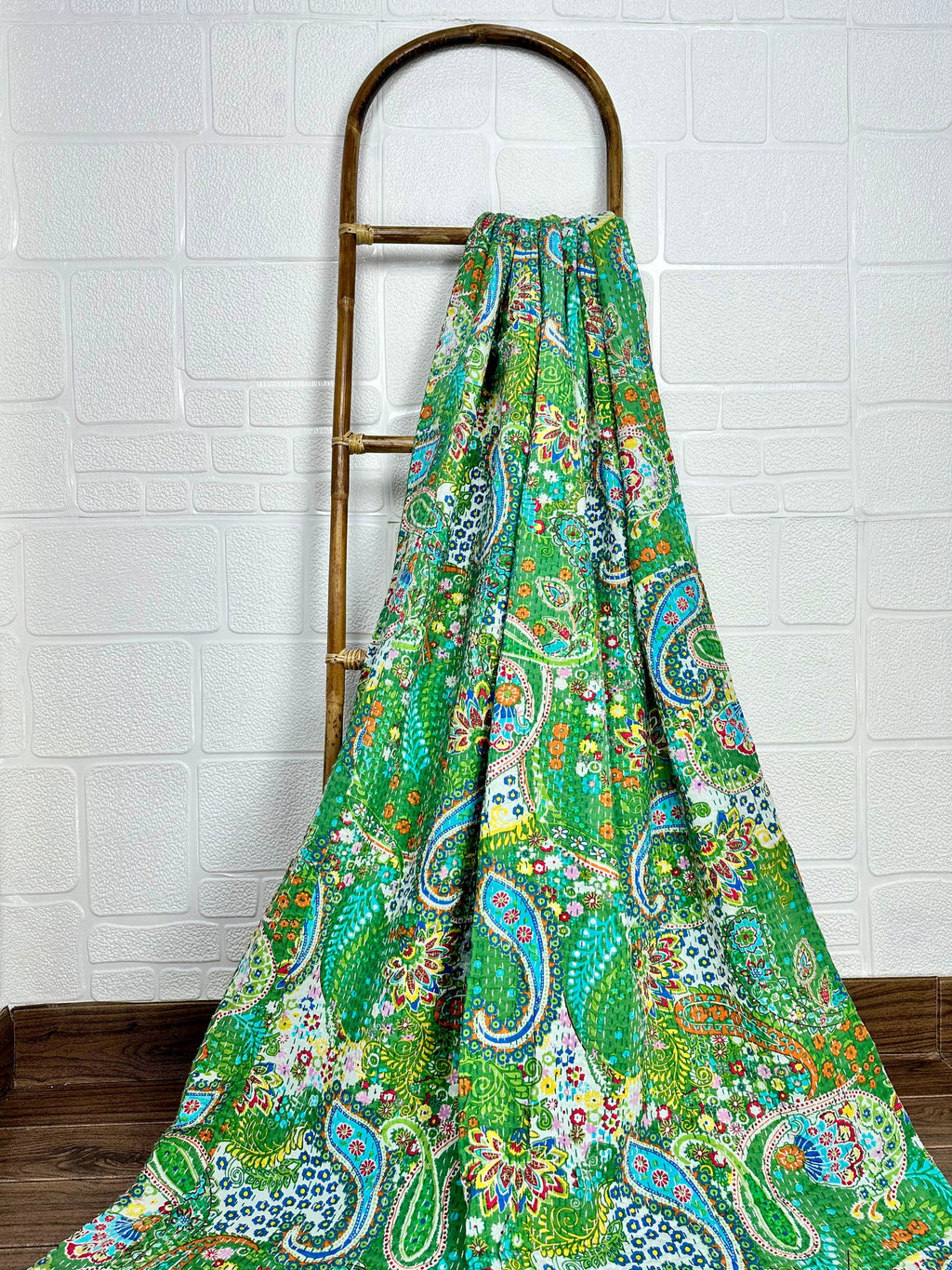reversible Kantha-stitched block-printed Cotton Throw in green paisley