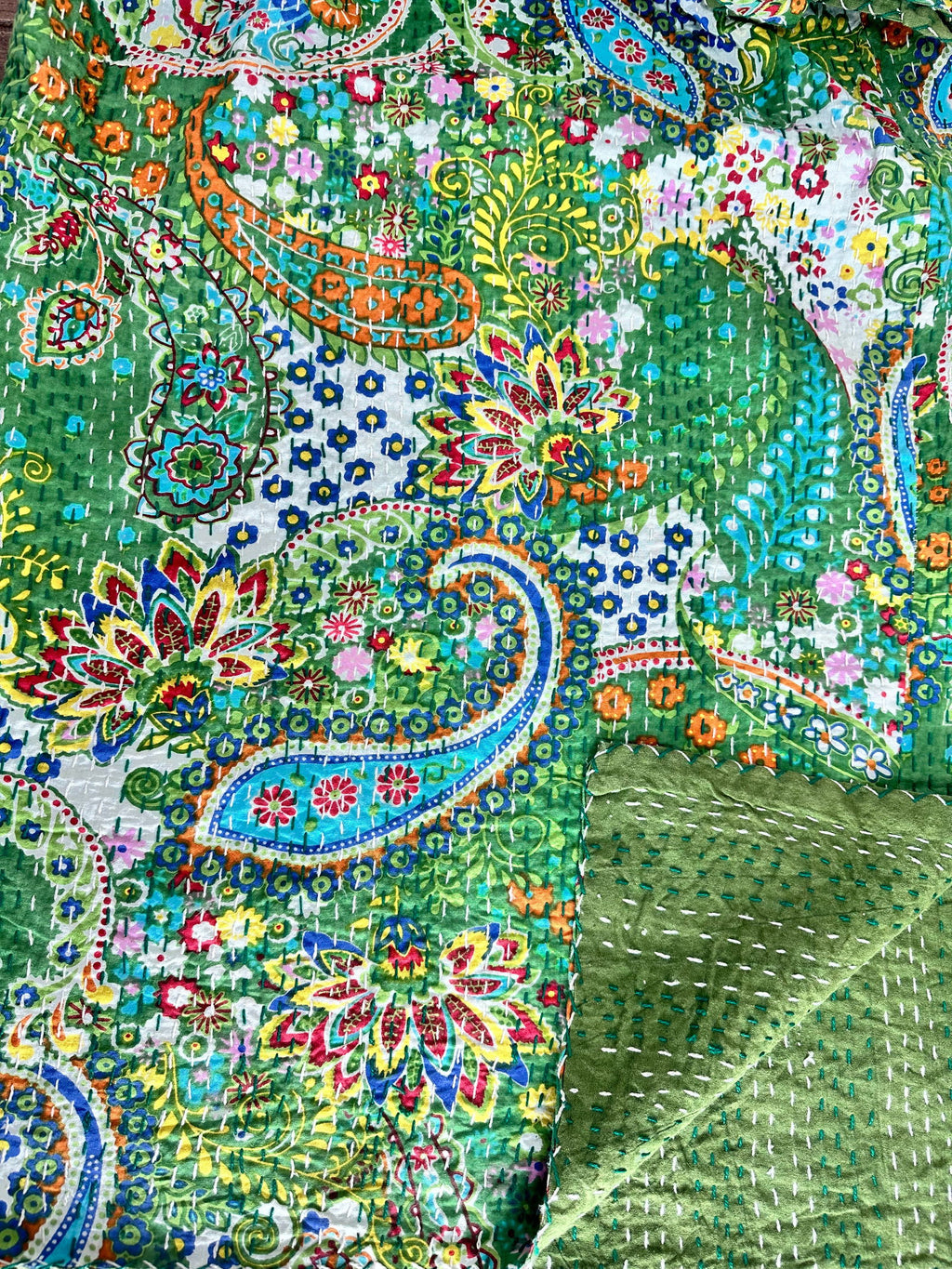 reversible Kantha-stitched block-printed Cotton Throw in green paisley