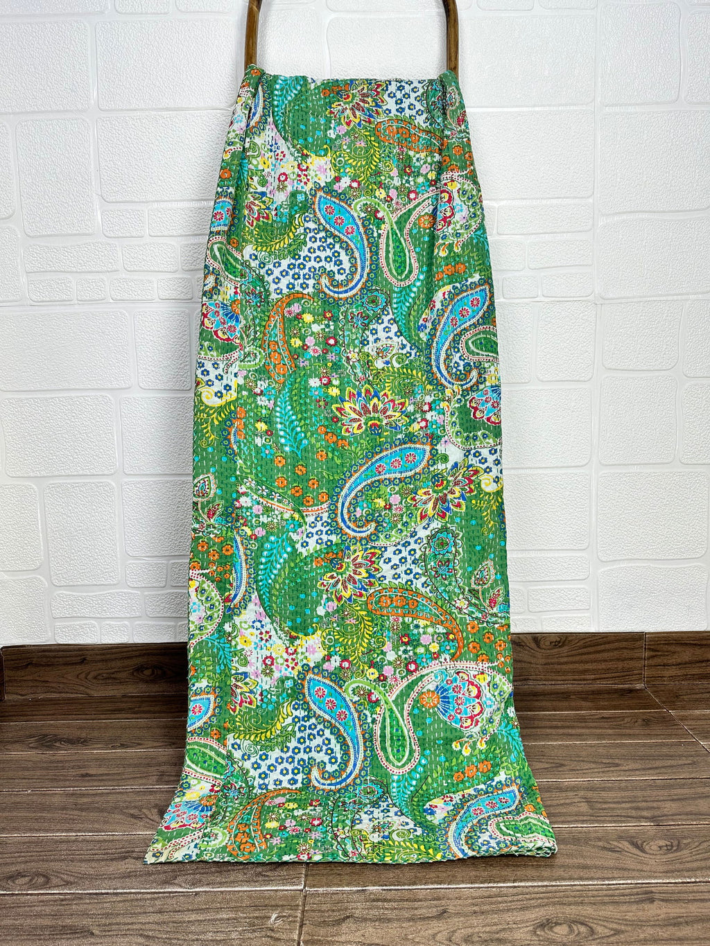 reversible Kantha-stitched block-printed Cotton Throw in green paisley