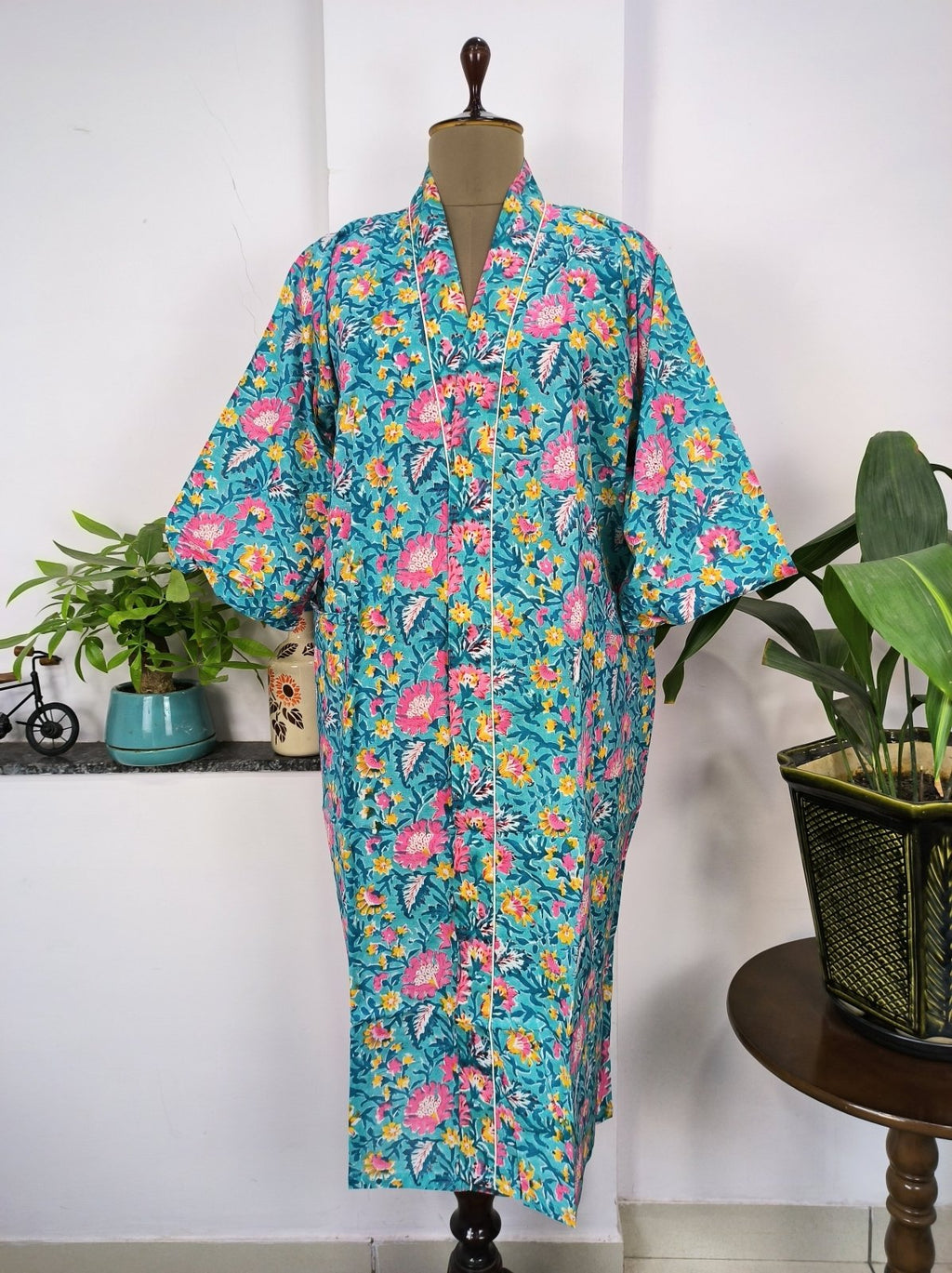 block-printed Cotton Kimono Robe in aqua blue floral