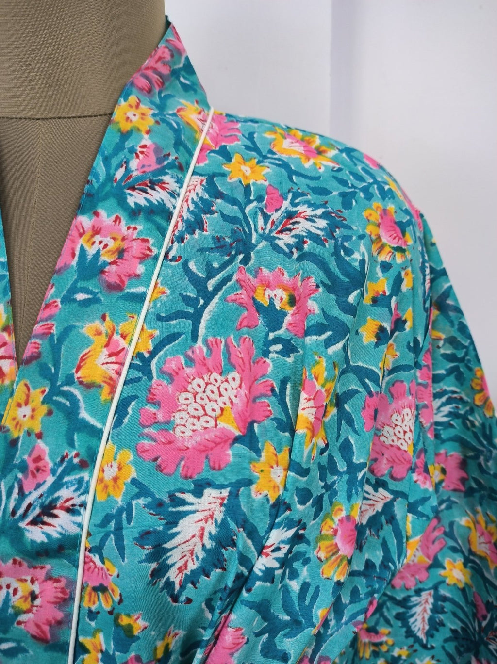 block-printed Cotton Kimono Robe in aqua blue floral