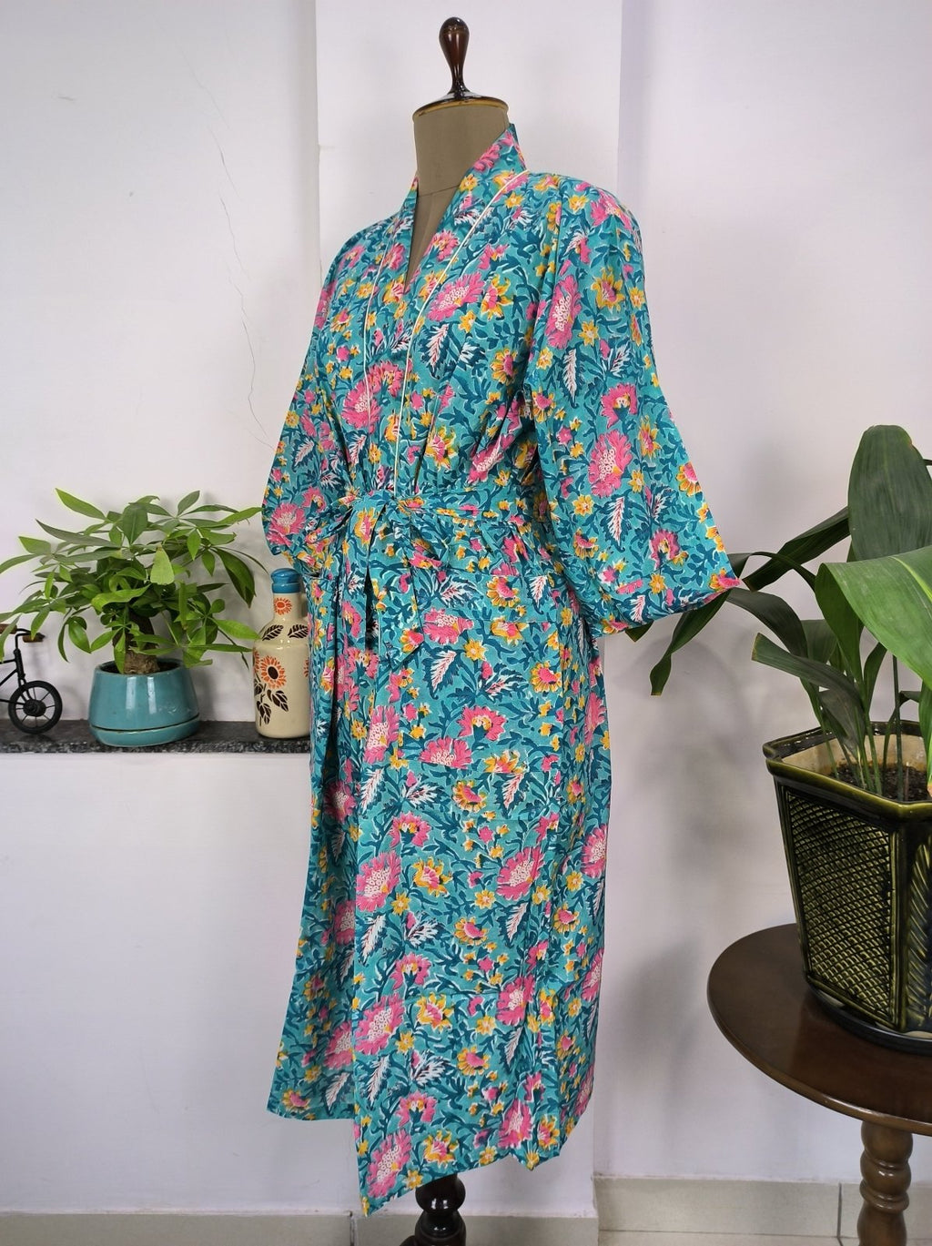 block-printed Cotton Kimono Robe in aqua blue floral