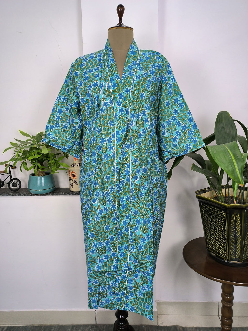 block-printed Cotton Kimono Robe in aqua blue green floral