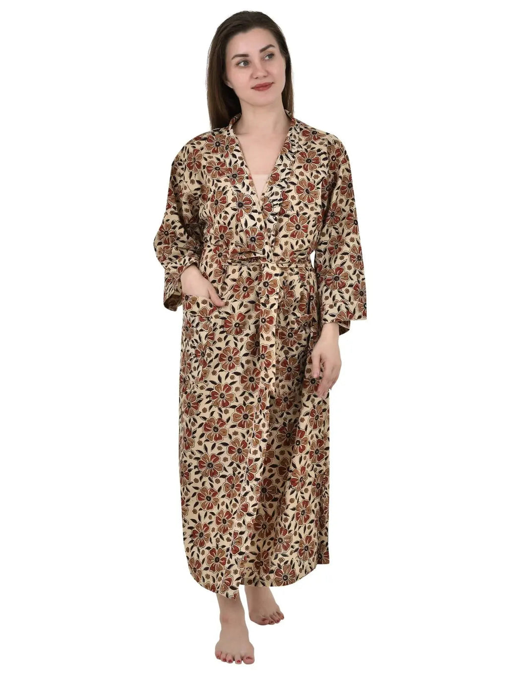 Women's block-printed Cotton Kimono Robe in beige black red floral