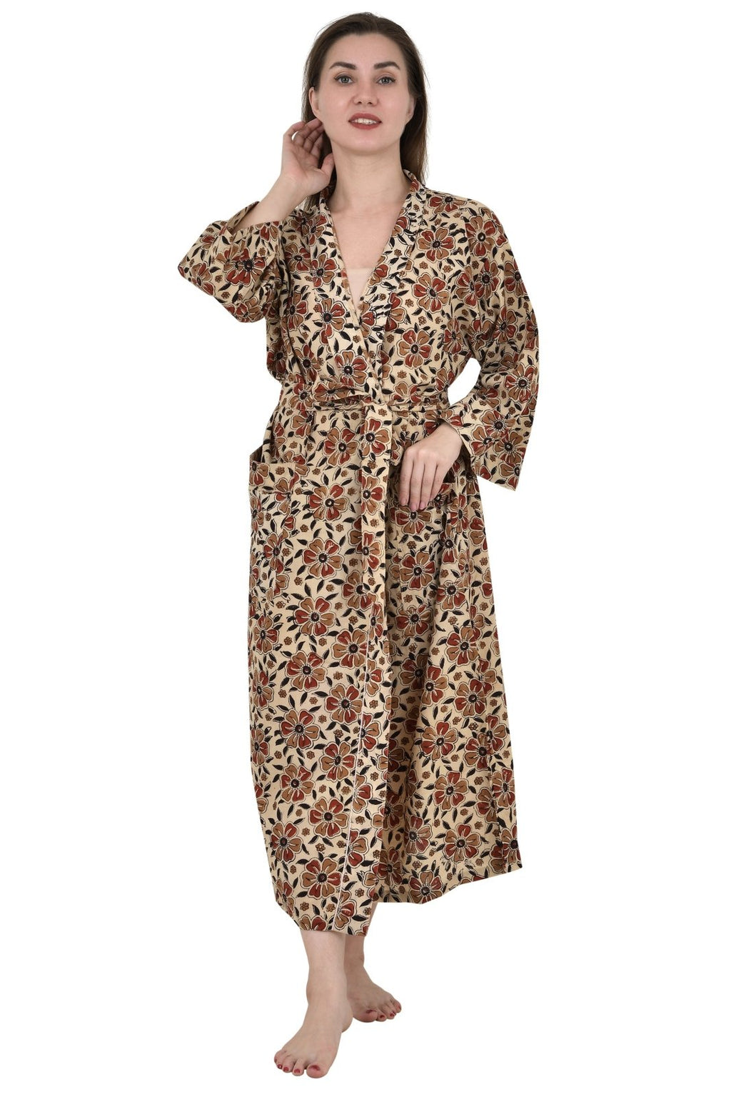 Women's block-printed Cotton Kimono Robe in beige black red floral