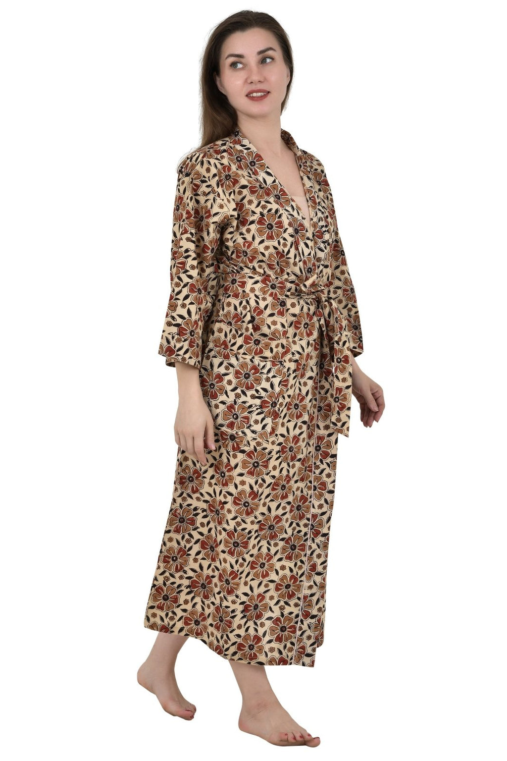 Women's block-printed Cotton Kimono Robe in beige black red floral