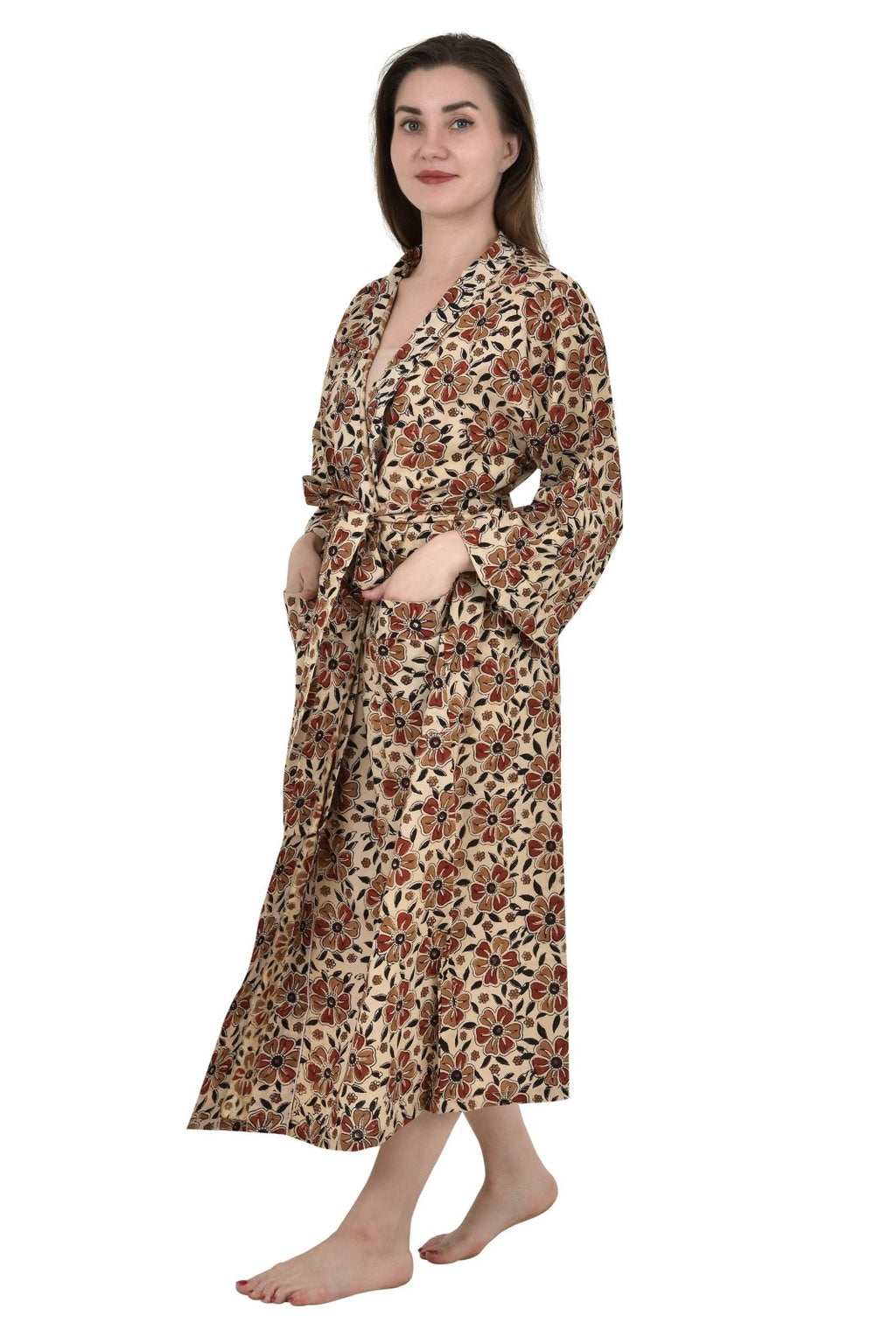 Women's block-printed Cotton Kimono Robe in beige black red floral