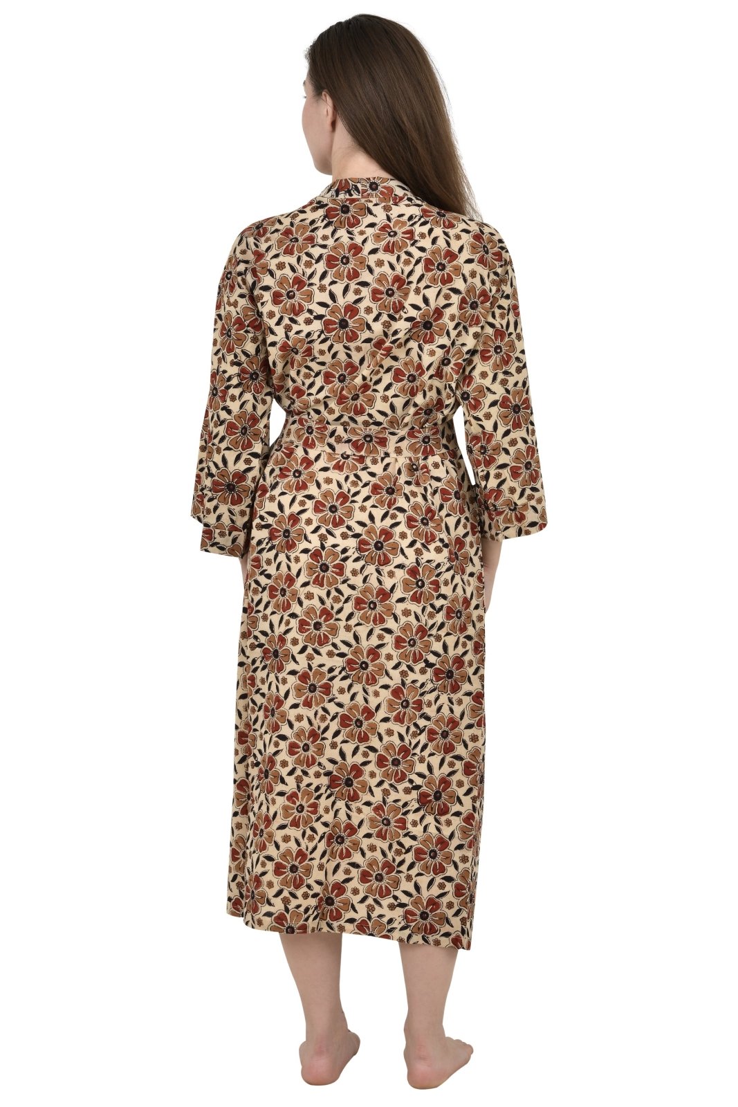 Women's block-printed Cotton Kimono Robe in beige black red floral