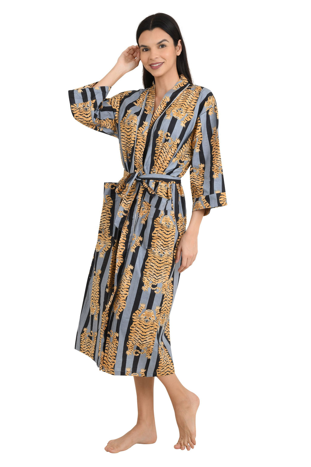 block-printed Cotton Kimono Robe in black grey striped