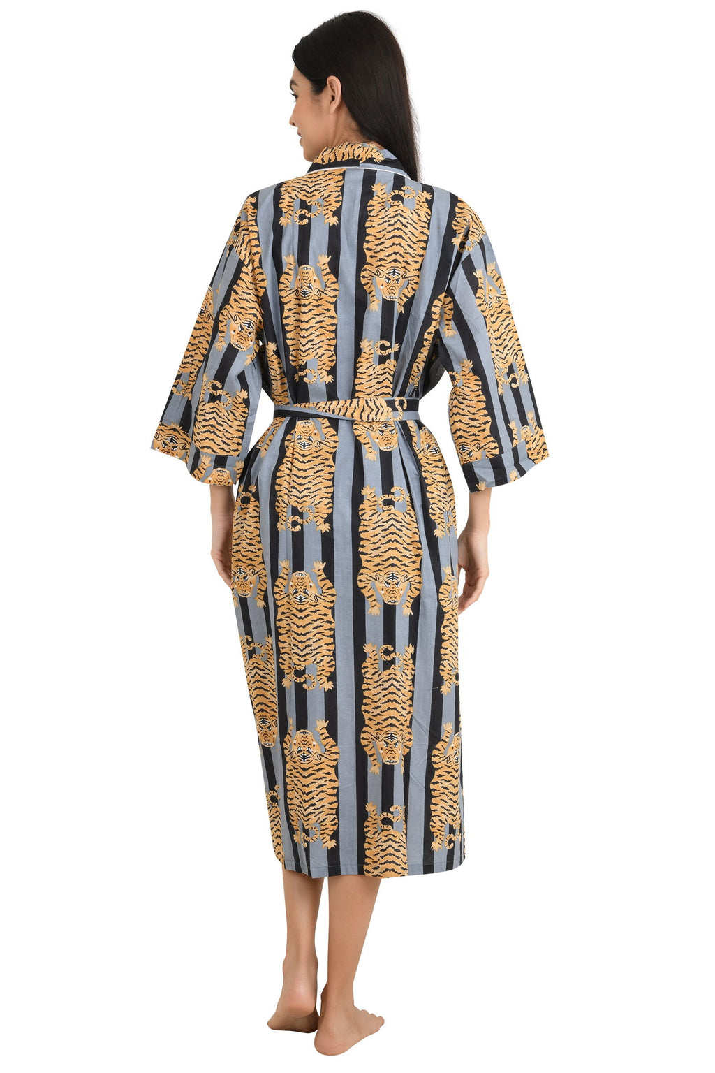 block-printed Cotton Kimono Robe in black grey striped