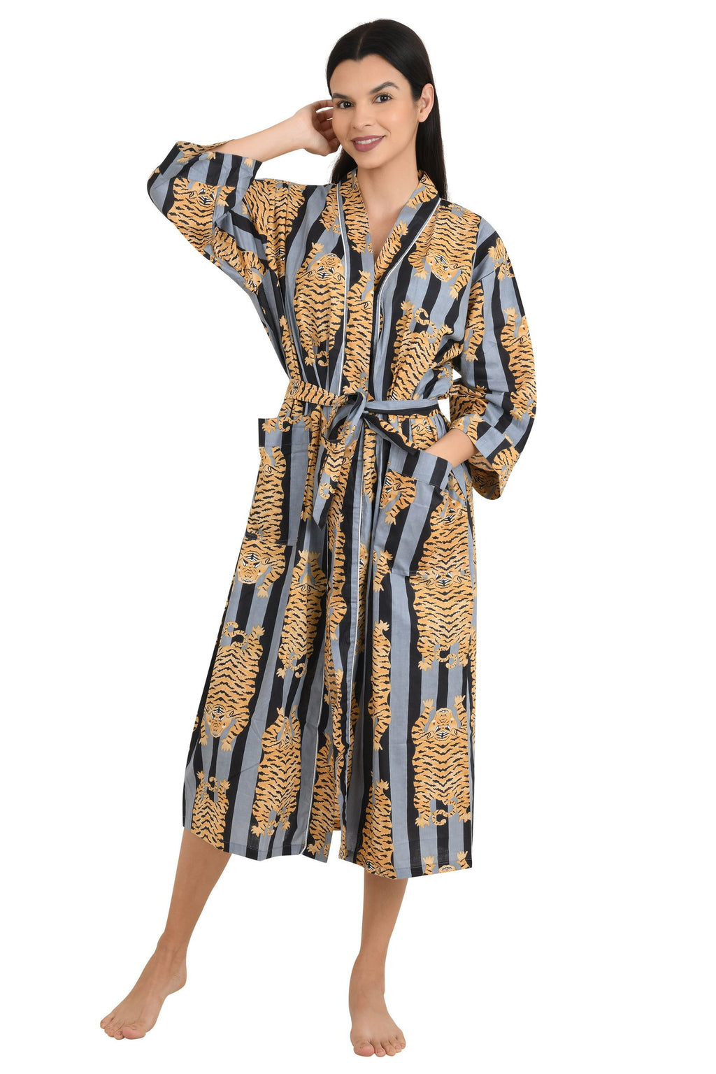 block-printed Cotton Kimono Robe in black grey striped