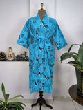 block-printed Cotton Kimono Robe in blue fish