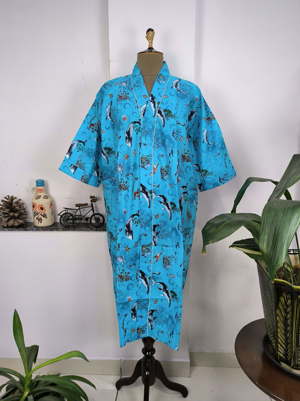 block-printed Cotton Kimono Robe in blue fish