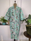 block-printed Cotton Kimono Robe in green monkey