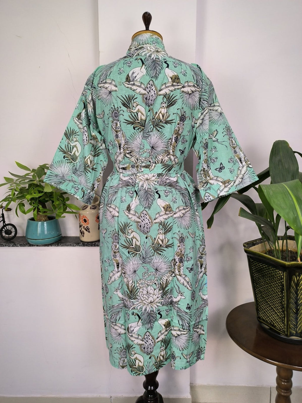 block-printed Cotton Kimono Robe in green monkey