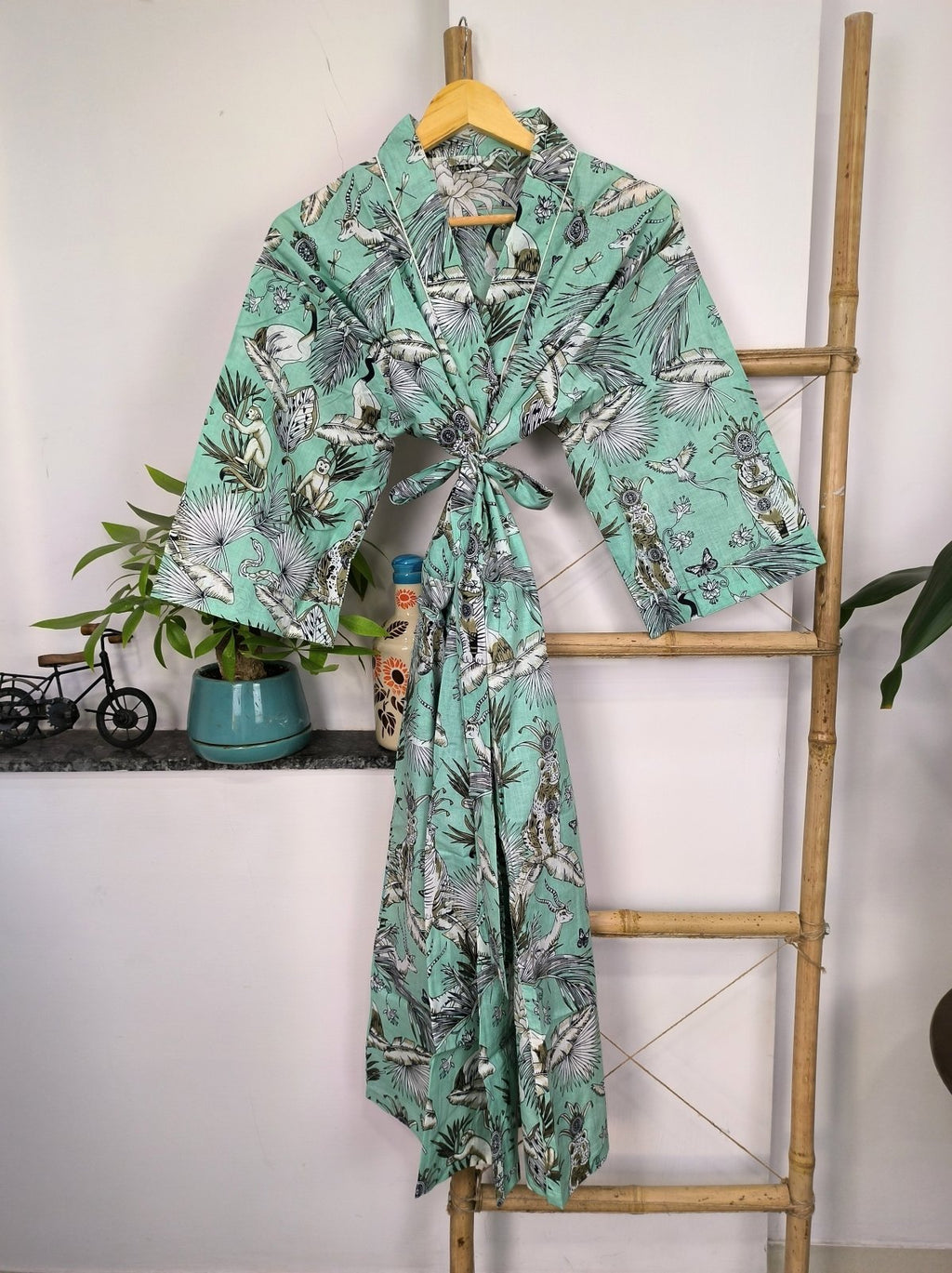 block-printed Cotton Kimono Robe in green monkey