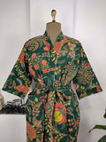 block-printed Cotton Kimono Robe in green red yellow floral
