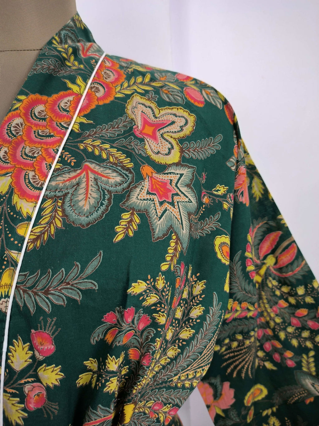 block-printed Cotton Kimono Robe in green red yellow floral