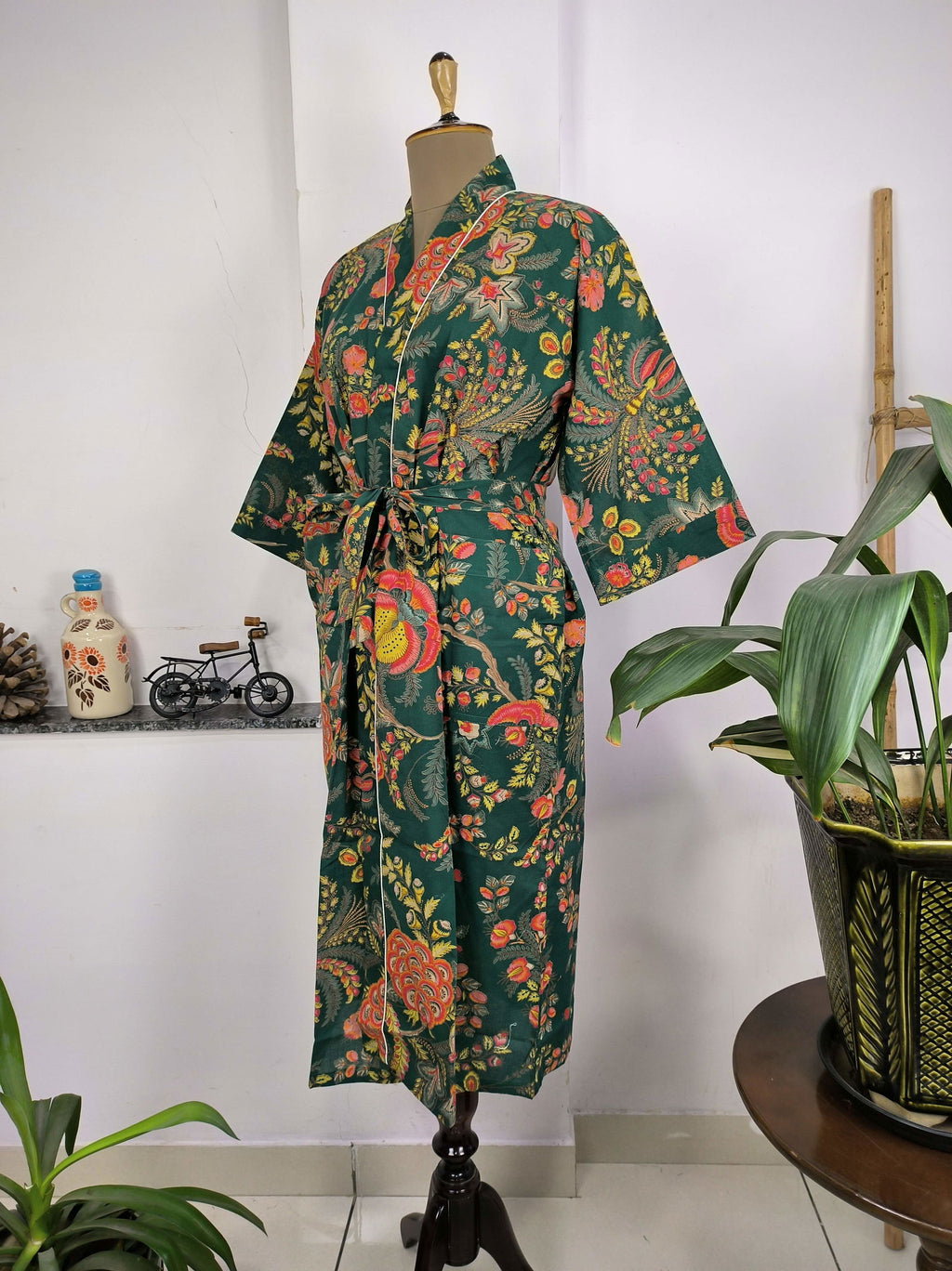 block-printed Cotton Kimono Robe in green red yellow floral