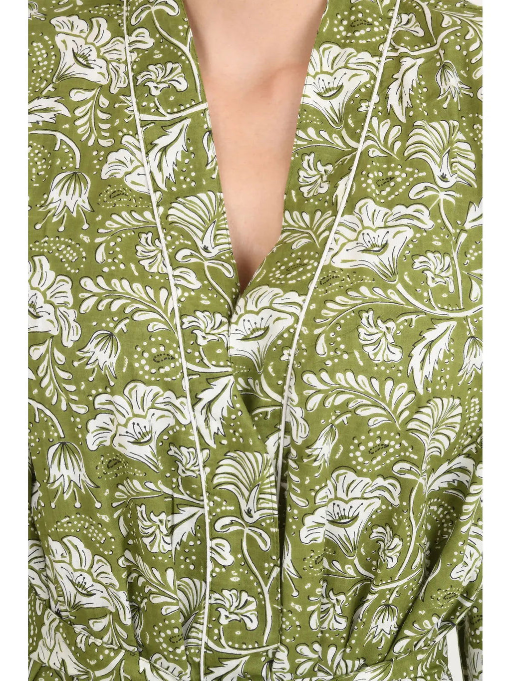 block-printed Cotton Kimono Robe in green white floral