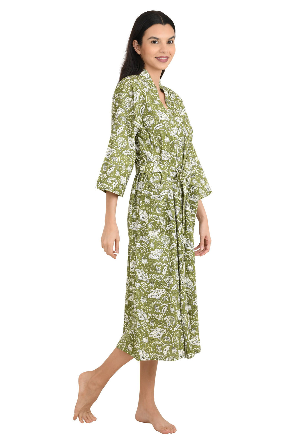 block-printed Cotton Kimono Robe in green white floral