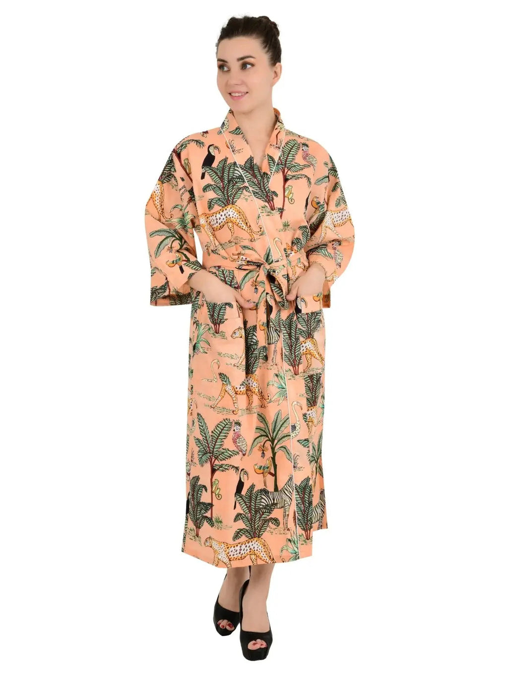 block-printed Cotton Kimono Robe in peach cheetah