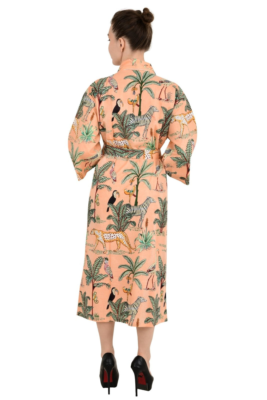 block-printed Cotton Kimono Robe in peach cheetah