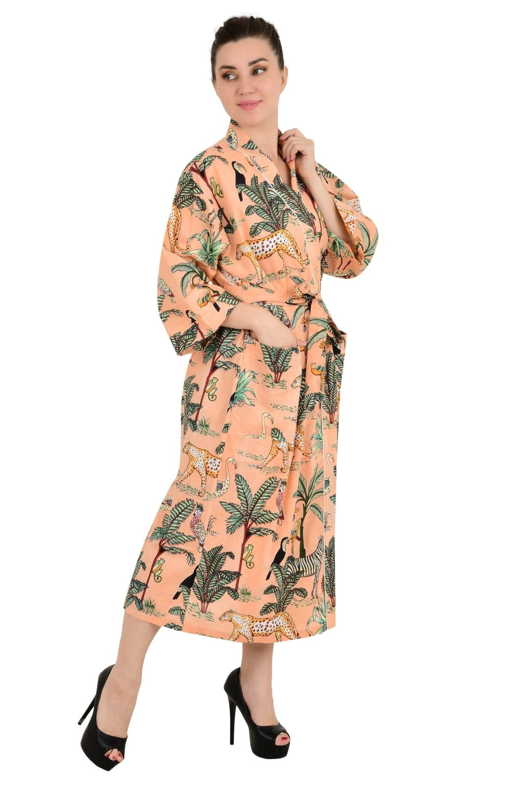 block-printed Cotton Kimono Robe in peach cheetah