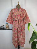 block-printed Cotton Kimono Robe in peach red floral