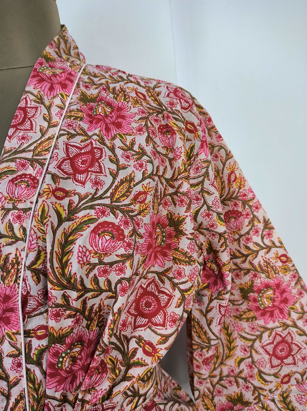 block-printed Cotton Kimono Robe in peach red floral