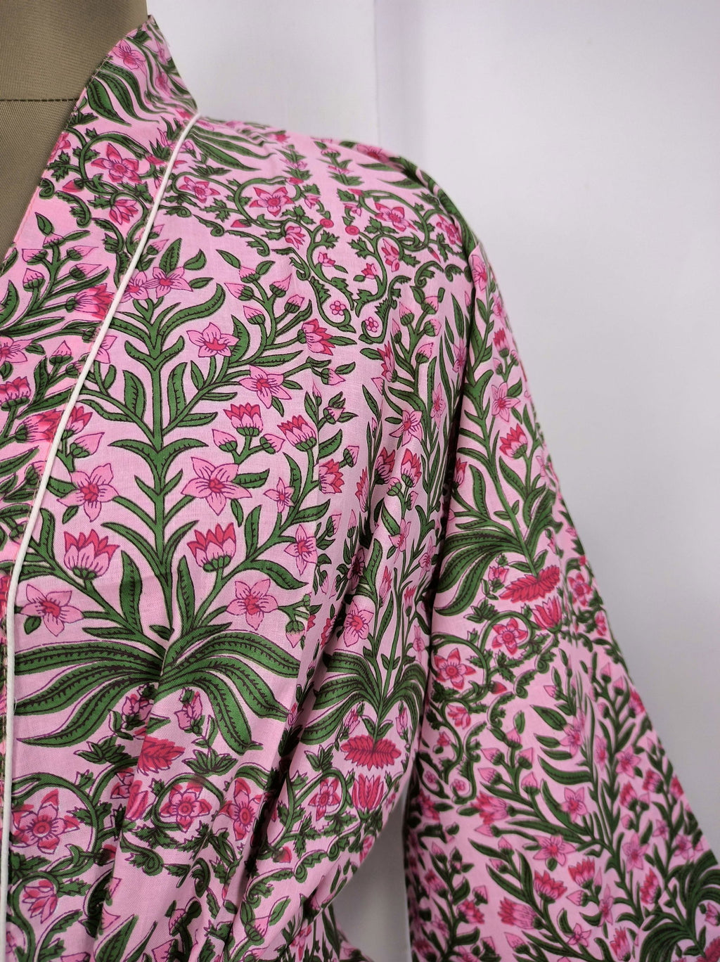 block-printed Cotton Kimono Robe in pink green leaf