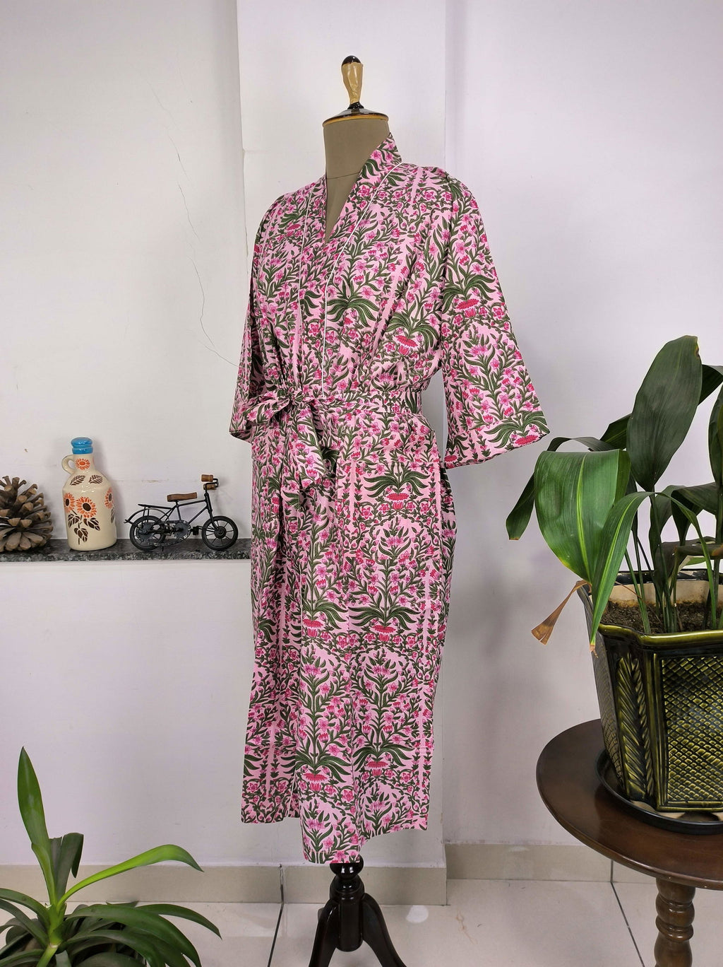 block-printed Cotton Kimono Robe in pink green leaf