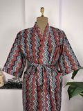 block-printed Cotton Kimono Robe in red blue geometric
