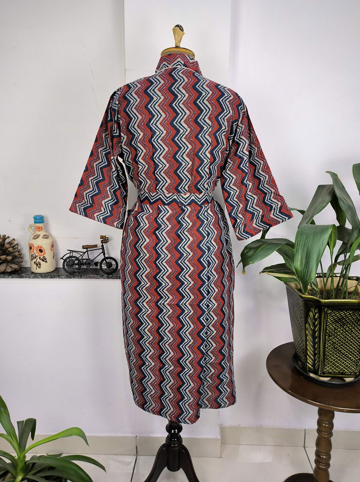 block-printed Cotton Kimono Robe in red blue geometric