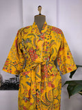 block-printed Cotton Kimono Robe in yellow green red floral